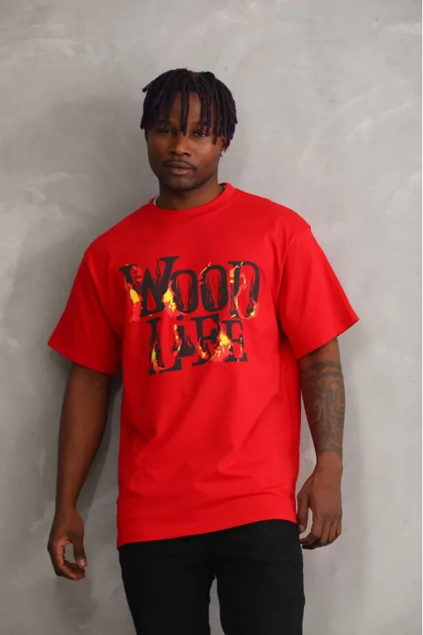 Unisex Baskılı Oversize T-Shirt - Kırmızı