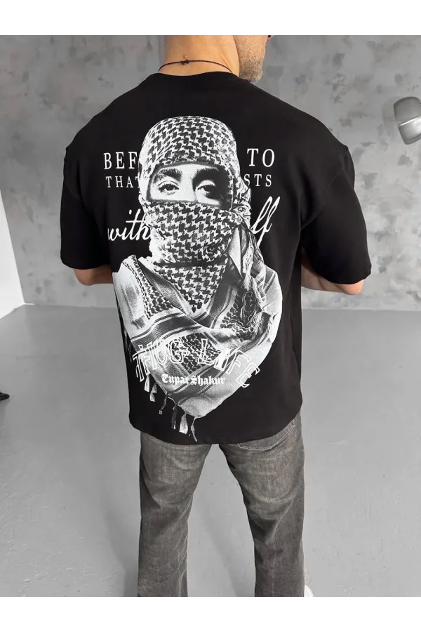 Unisex Baskılı Oversize T-Shirt - Siyah