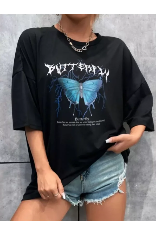 Unisex Baskılı Oversize T-Shirt - Siyah