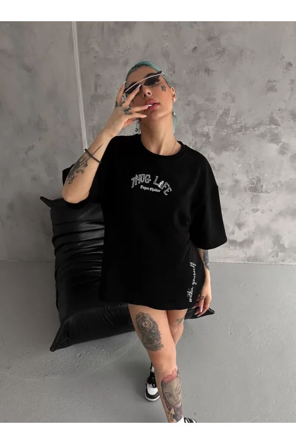 Unisex Baskılı Oversize T-Shirt - Siyah
