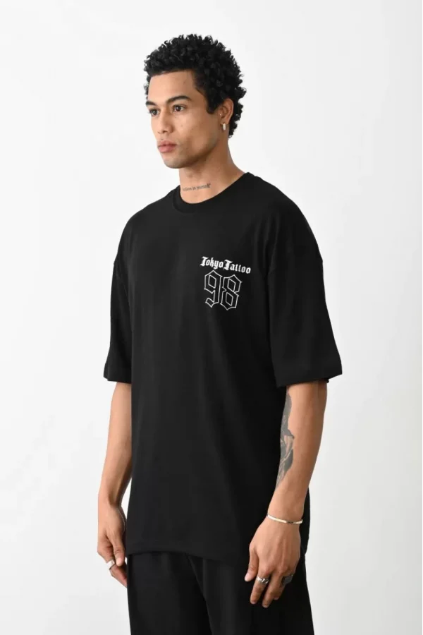 Unisex Baskılı Oversize T-Shirt - Siyah