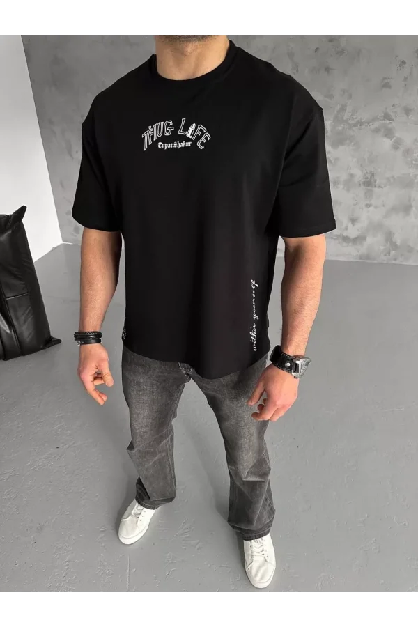 Unisex Baskılı Oversize T-Shirt - Siyah