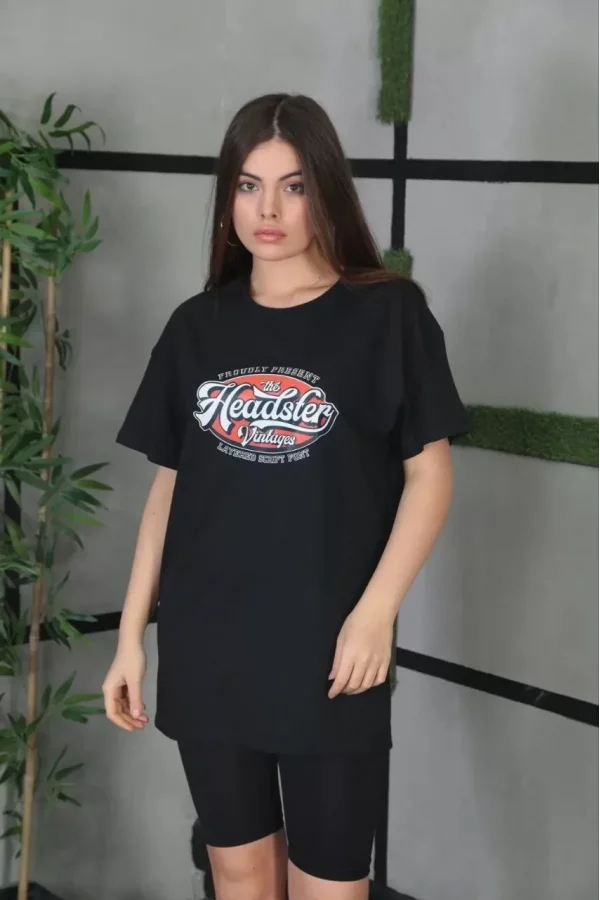 Unisex Baskılı Oversize T-Shirt - Siyah