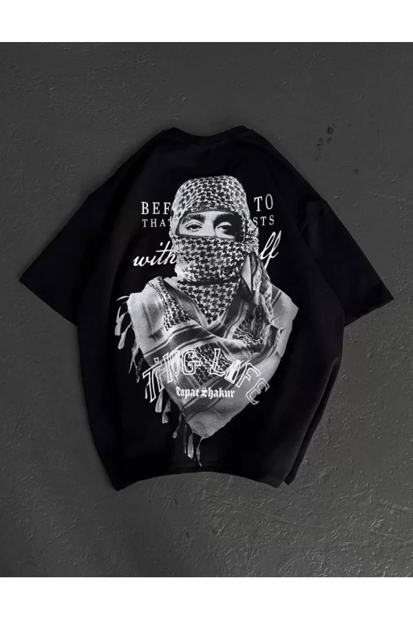 Unisex Baskılı Oversize T-Shirt - Siyah