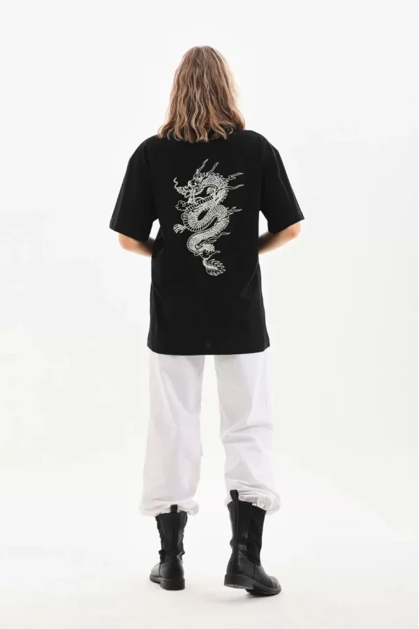 Unisex Baskılı Oversize T-Shirt - Siyah