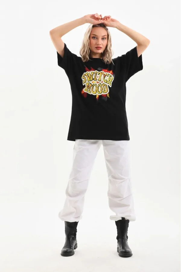 Unisex Baskılı Oversize T-Shirt - Siyah