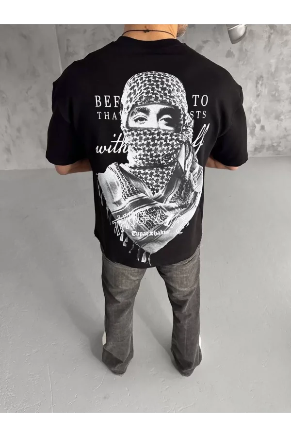 Unisex Baskılı Oversize T-Shirt - Siyah