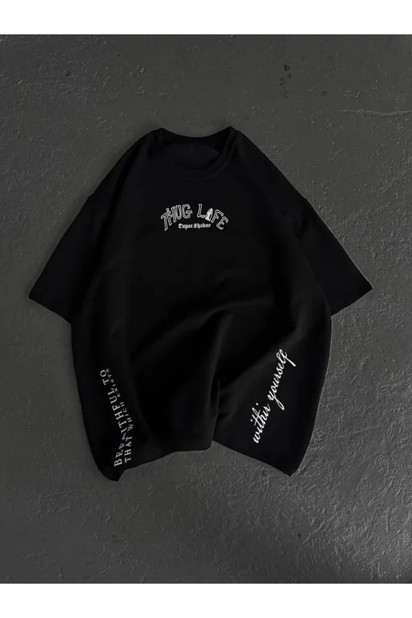Unisex Baskılı Oversize T-Shirt - Siyah