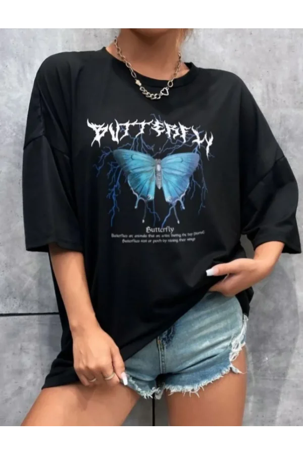 Unisex Baskılı Oversize T-Shirt - Siyah
