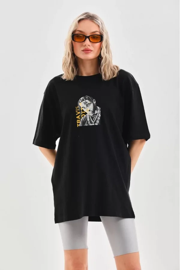 Unisex Baskılı Oversize T-Shirt - Siyah