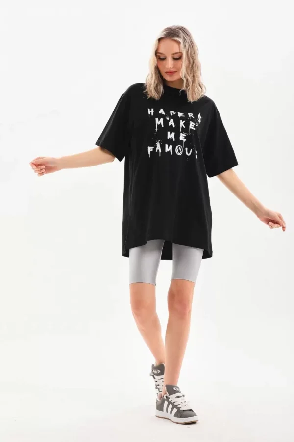 Unisex Baskılı Oversize T-Shirt - Siyah