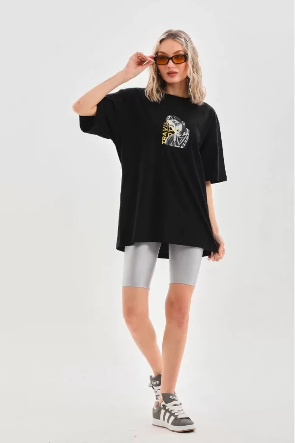 Unisex Baskılı Oversize T-Shirt - Siyah