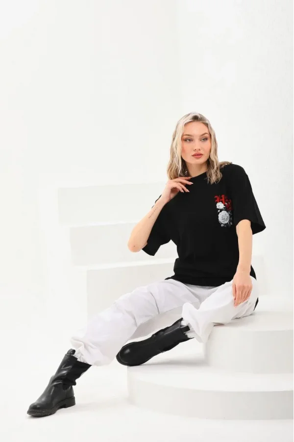 Unisex Baskılı Oversize T-Shirt - Siyah