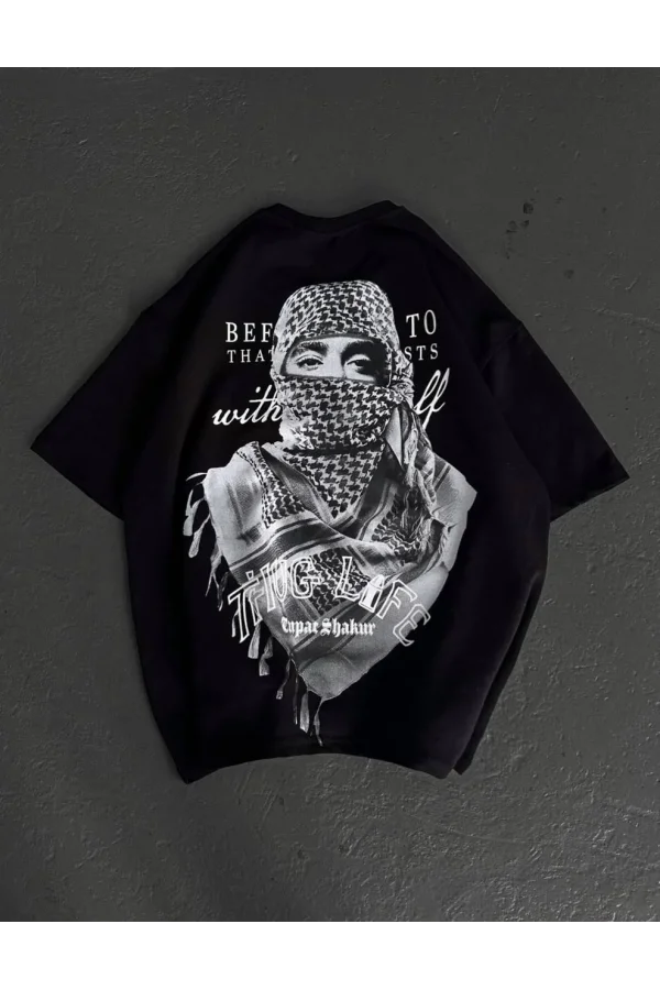Unisex Baskılı Oversize T-Shirt - Siyah