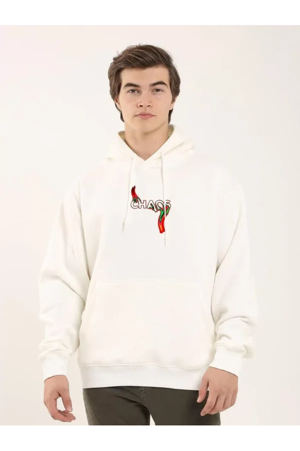 Unisex Baskılı Oversize Üç İplik Kapüşonlu Sweatshirt - Beyaz