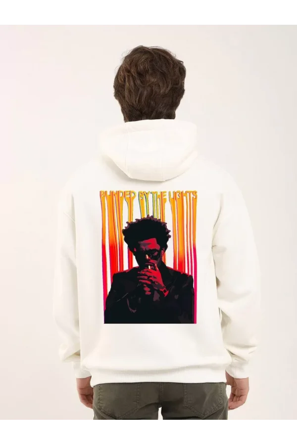 Unisex Baskılı Oversize Üç İplik Kapüşonlu Sweatshirt - Beyaz