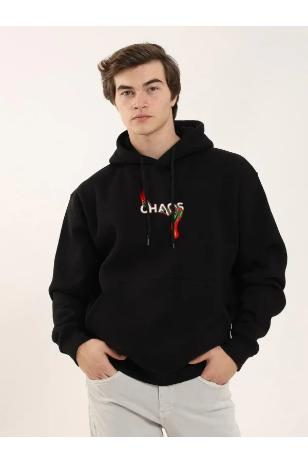 Unisex Baskılı Oversize Üç İplik Kapüşonlu Sweatshirt - Siyah