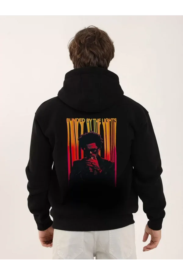 Unisex Baskılı Oversize Üç İplik Kapüşonlu Sweatshirt - Siyah