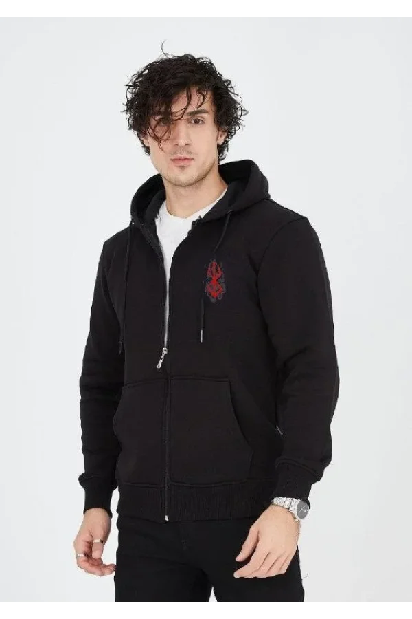 Unisex Baskılı Tam Fermuarlı Kapşonlu SweatShirt - Siyah