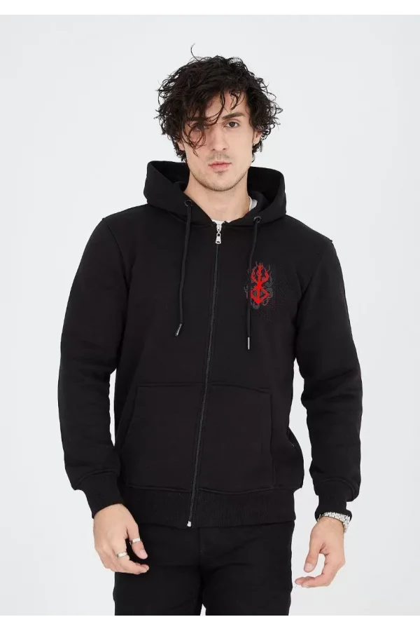 Unisex Baskılı Tam Fermuarlı Kapşonlu SweatShirt - Siyah