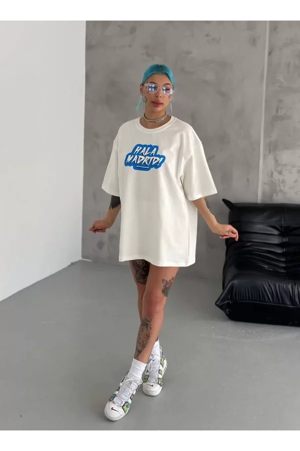 Unisex Bisiklet Yaka Baskılı Oversize T-Shirt - Beyaz