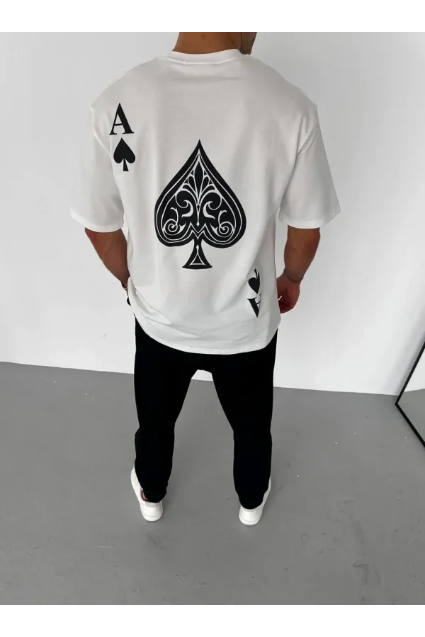Unisex Bisiklet Yaka Baskılı Oversize T-Shirt - Beyaz