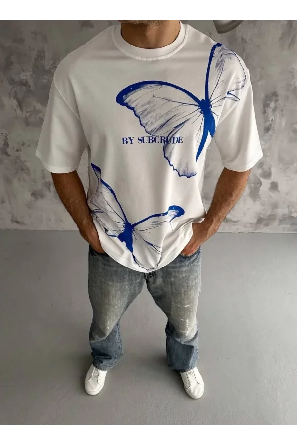 Unisex Bisiklet Yaka Baskılı Oversize T-Shirt - Beyaz