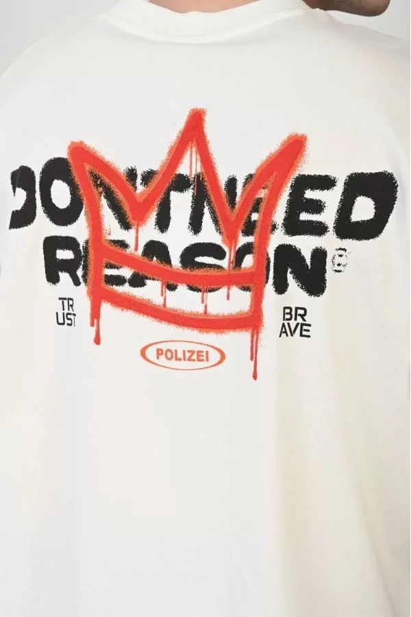 Unisex Bisiklet Yaka Baskılı Oversize T-Shirt - Beyaz