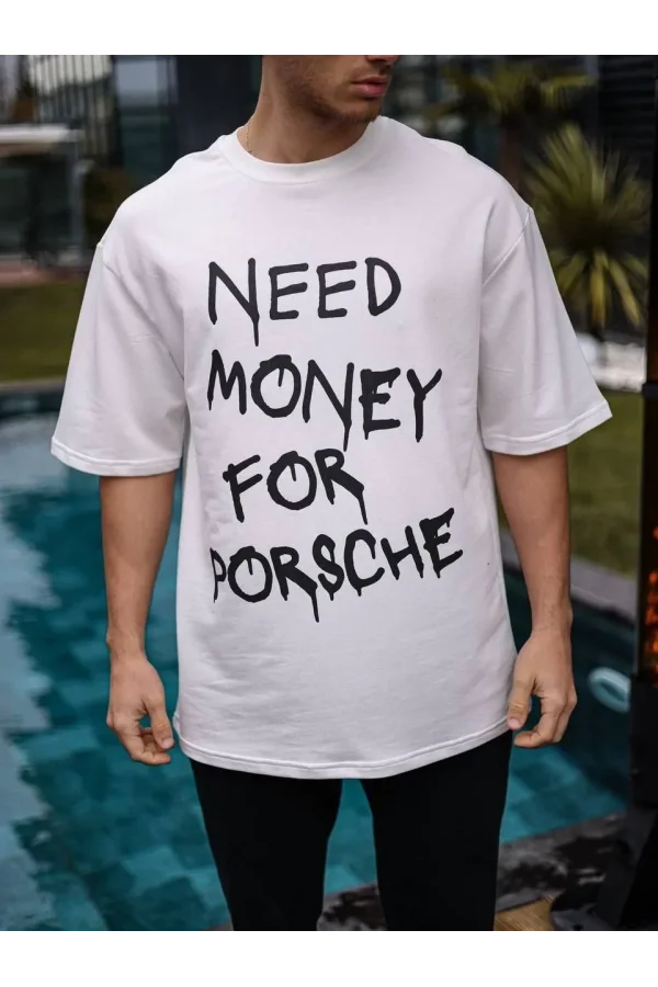 Unisex Bisiklet Yaka Baskılı Oversize T-Shirt - Beyaz