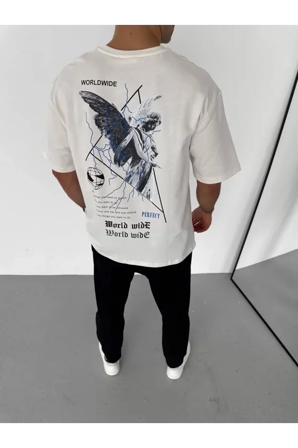 Unisex Bisiklet Yaka Baskılı Oversize T-Shirt - Beyaz