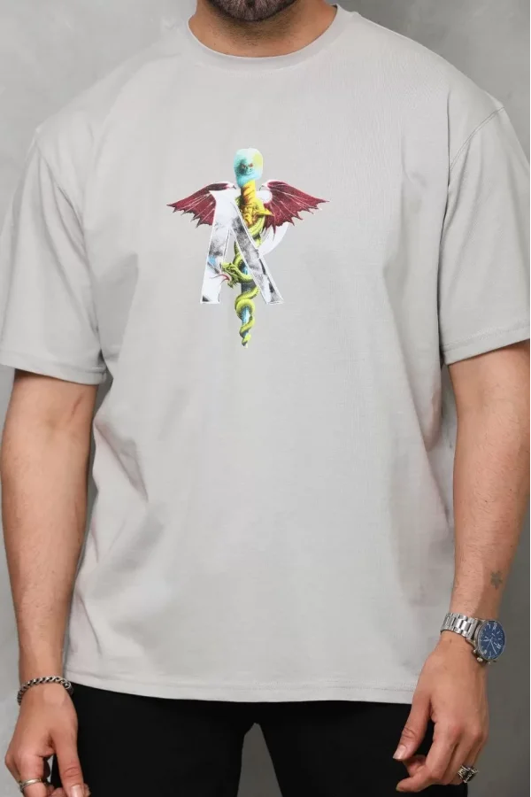 Unisex Bisiklet Yaka Baskılı Oversize T-Shirt - Gri