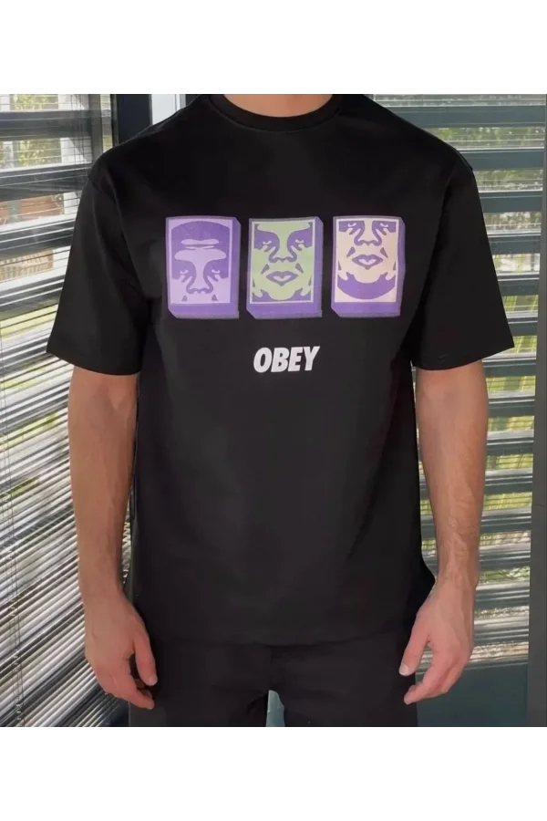 Unisex Bisiklet Yaka Baskılı Oversize T-Shirt - Siyah