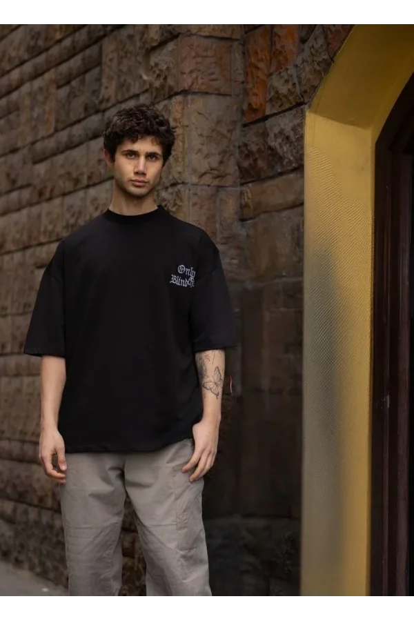 Unisex Bisiklet Yaka Baskılı Oversize T-Shirt - Siyah