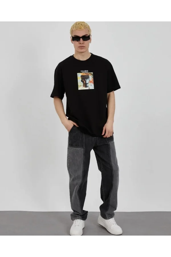 Unisex Bisiklet Yaka Baskılı Oversize T-Shirt - Siyah