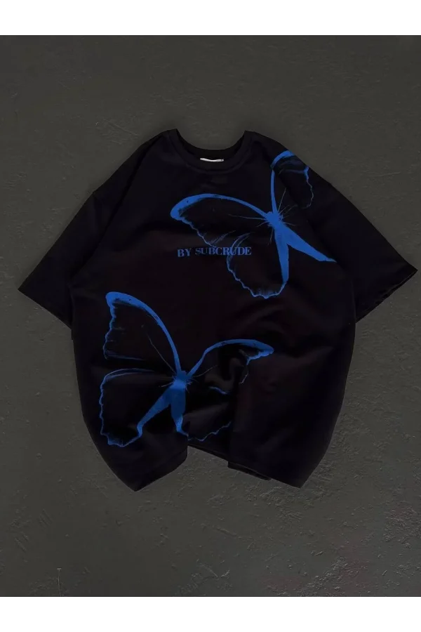 Unisex Bisiklet Yaka Baskılı Oversize T-Shirt - Siyah