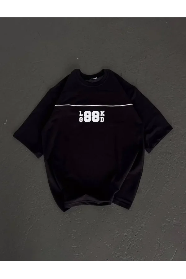 Unisex Bisiklet Yaka Baskılı Oversize T-Shirt - Siyah