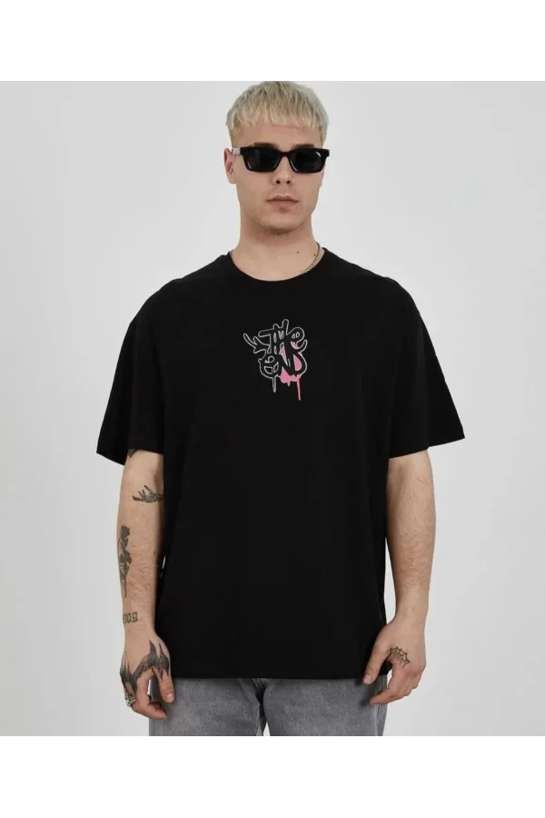 Unisex Bisiklet Yaka Baskılı Oversize T-Shirt - Siyah