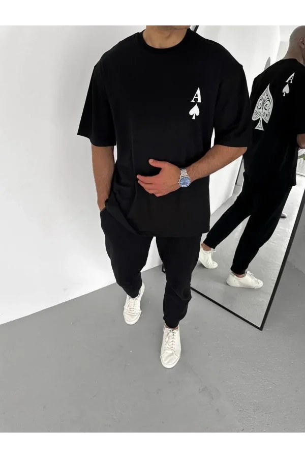 Unisex Bisiklet Yaka Baskılı Oversize T-Shirt - Siyah