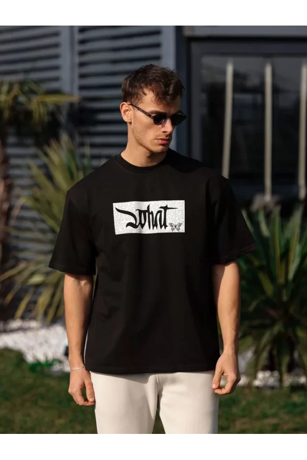 Unisex Bisiklet Yaka Baskılı Oversize T-Shirt - Siyah