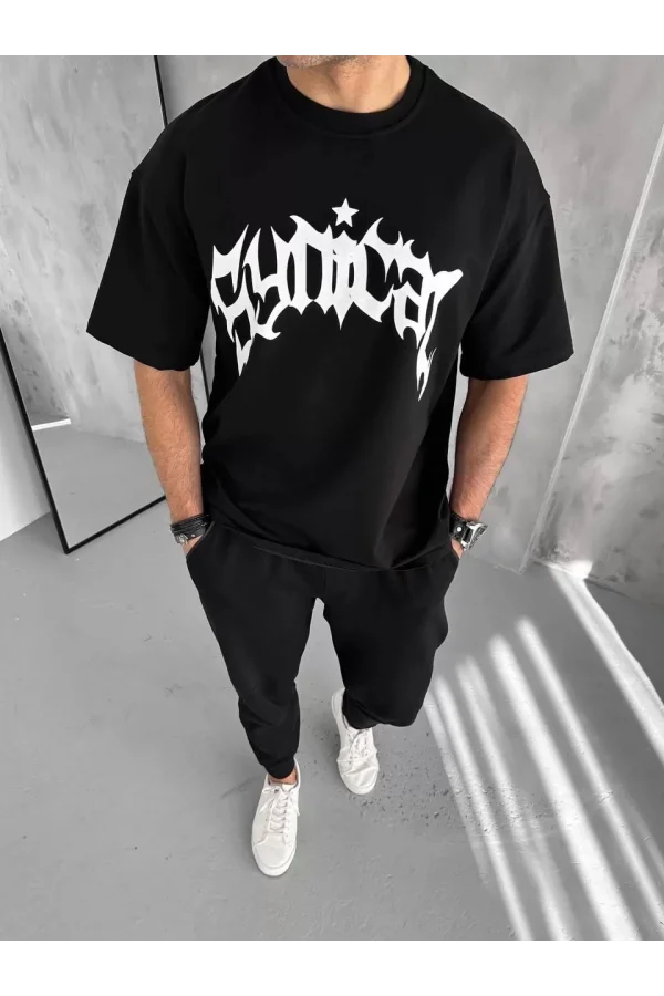 Unisex Bisiklet Yaka Baskılı Oversize T-Shirt - Siyah
