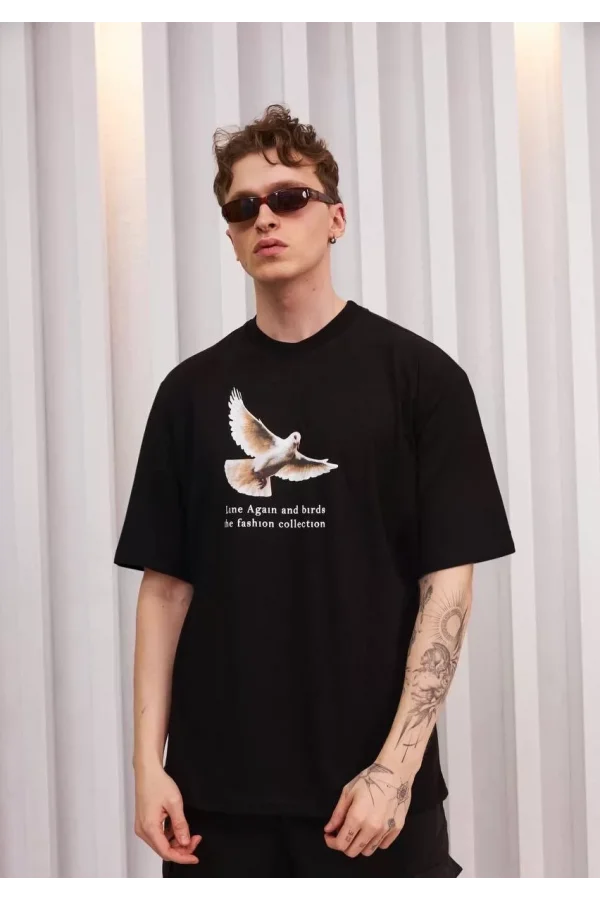 Unisex Bisiklet Yaka Baskılı Oversize T-Shirt - Siyah