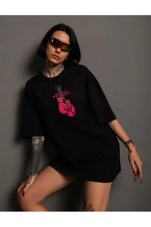 Unisex Bisiklet Yaka Baskılı Oversize T-Shirt - Siyah