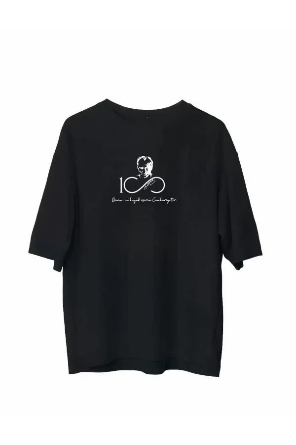 Unisex Bisiklet Yaka Baskılı Oversize T-Shirt - Siyah