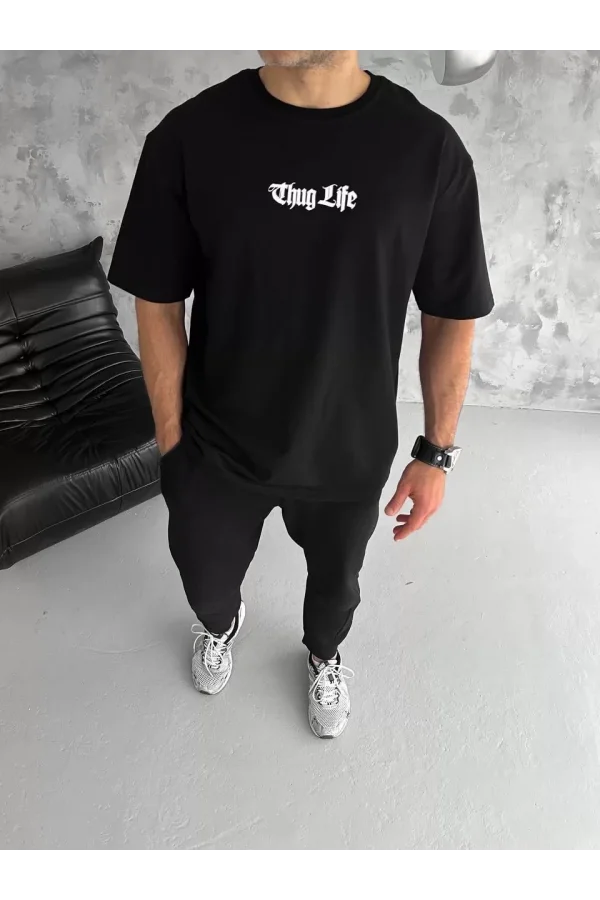 Unisex Bisiklet Yaka Baskılı Oversize T-Shirt - Siyah