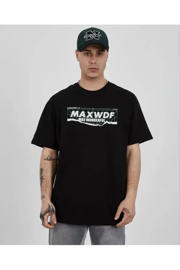 Unisex Bisiklet Yaka Baskılı Oversize T-Shirt - Siyah