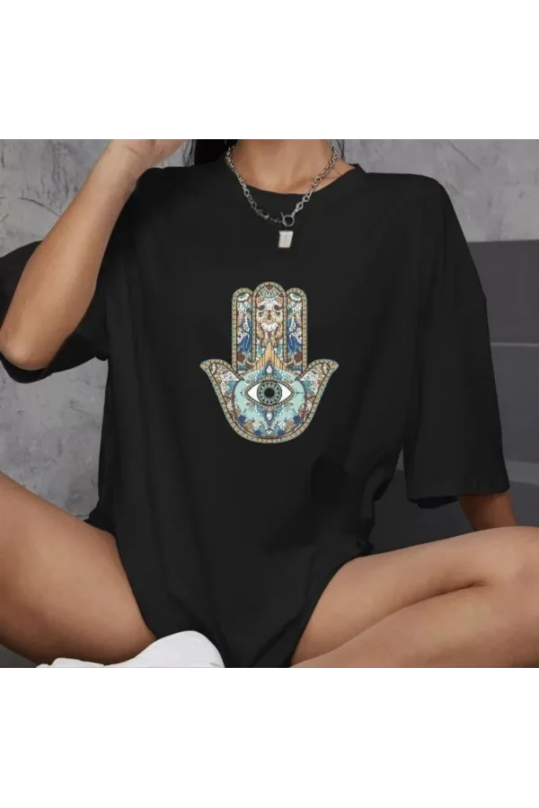 Unisex Bisiklet Yaka Baskılı Oversize T-Shirt - Siyah