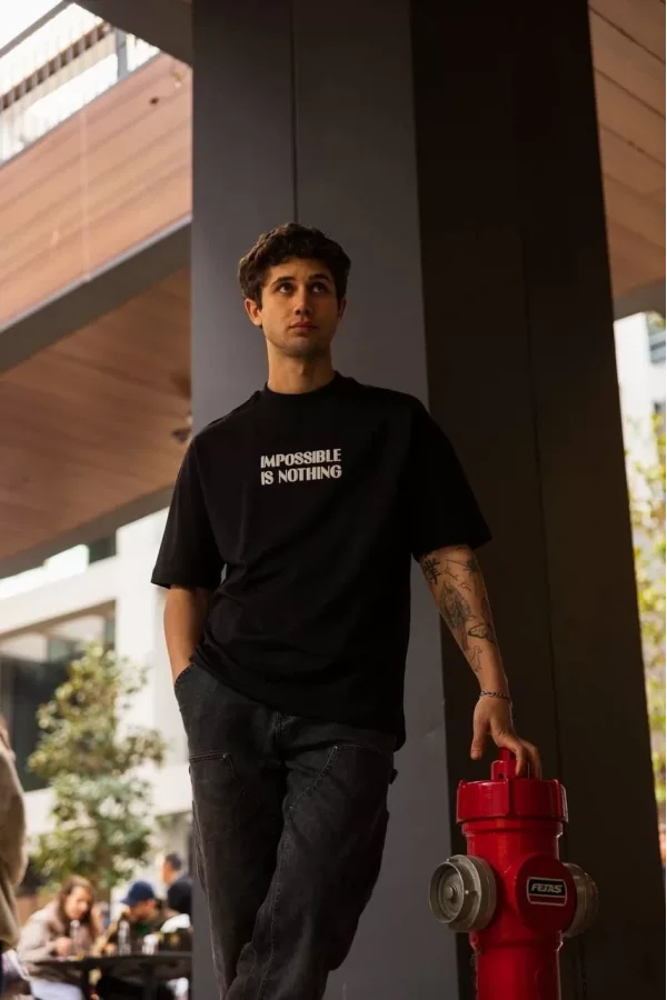 Unisex Bisiklet Yaka Baskılı Oversize T-Shirt - Siyah