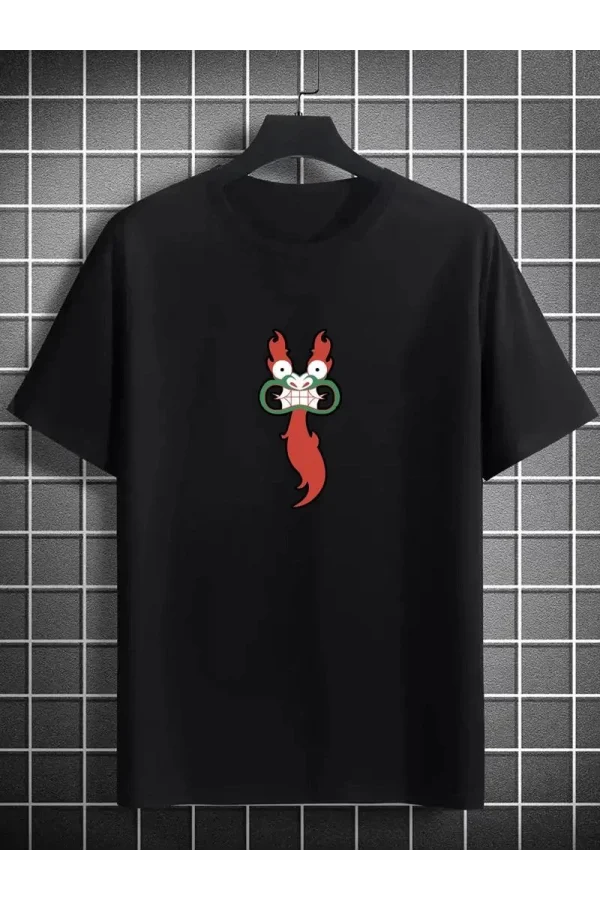 Unisex Bisiklet Yaka Baskılı Oversize T-Shirt - Siyah