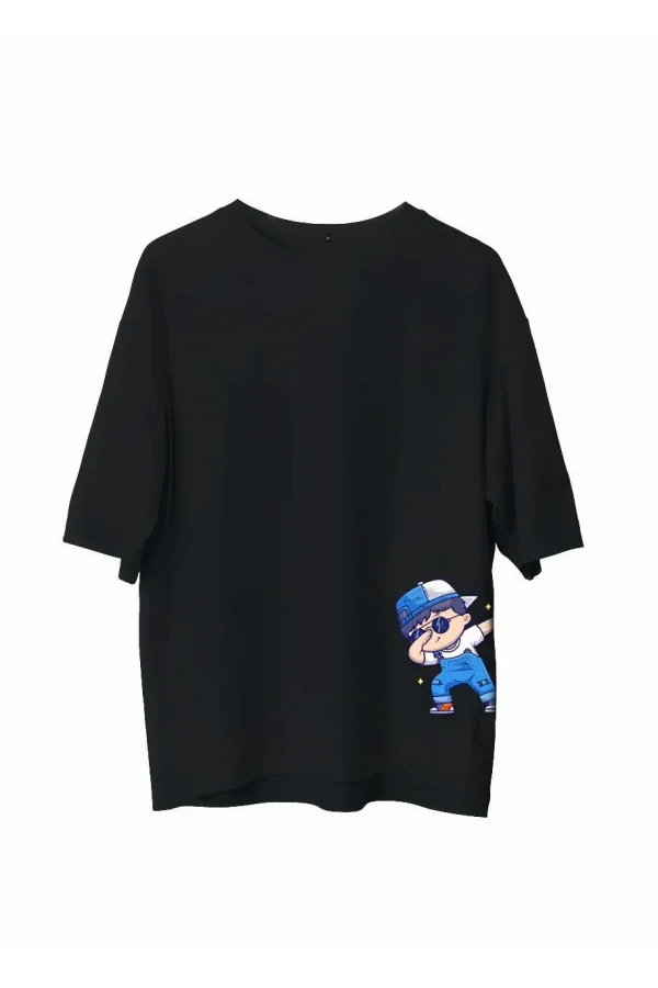 Unisex Bisiklet Yaka Baskılı Oversize T-Shirt - Siyah