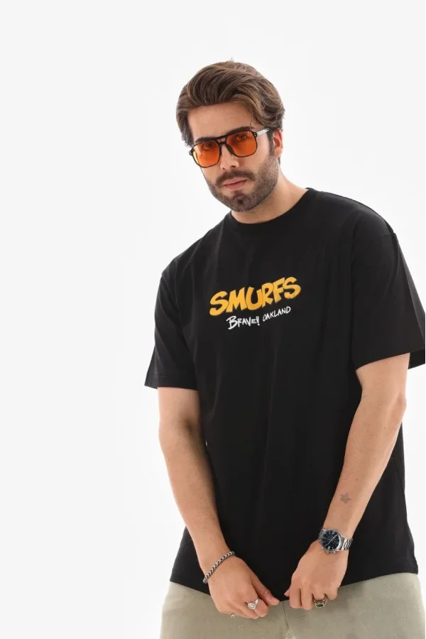 Unisex Bisiklet Yaka Baskılı Oversize T-Shirt - Siyah